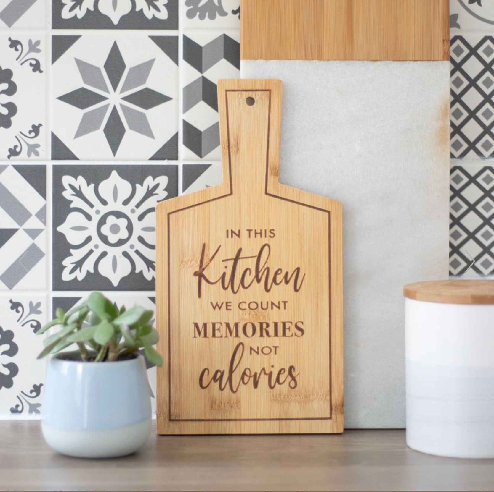 Count The Memories, Not Calories Bamboo Paddle Chopping Board