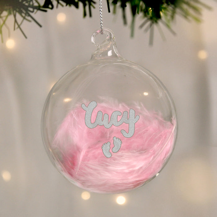 Personalised Baby’s First Christmas Pink Feather Footprints Glass Bauble