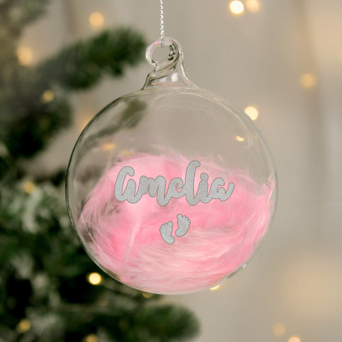 Personalised Baby’s First Christmas Pink Feather Footprints Glass Bauble
