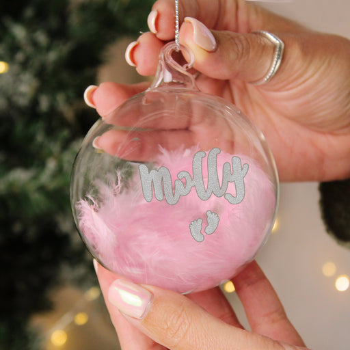 Personalised Baby’s First Christmas Pink Feather Footprints Glass Bauble