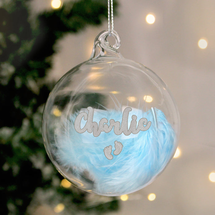 Personalised Baby’s First Christmas Blue Feather Footprints Glass Bauble