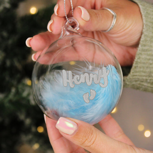 Personalised Baby’s First Christmas Blue Feather Footprints Glass Bauble