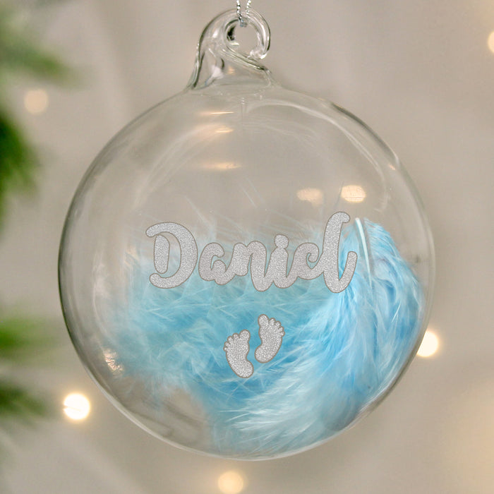 Personalised Baby’s First Christmas Blue Feather Footprints Glass Bauble