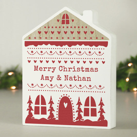 Personalised Christmas Fair Isle Wooden Shaped House Ornament