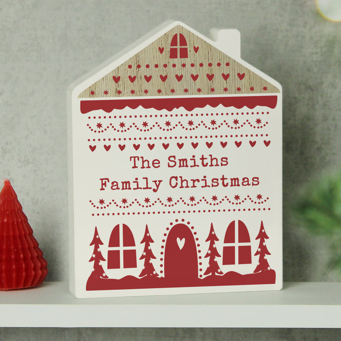 Personalised Christmas Fair Isle Wooden Shaped House Ornament