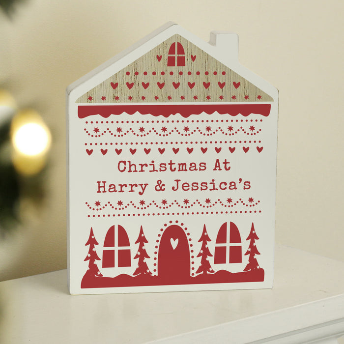 Personalised Christmas Fair Isle Wooden Shaped House Ornament