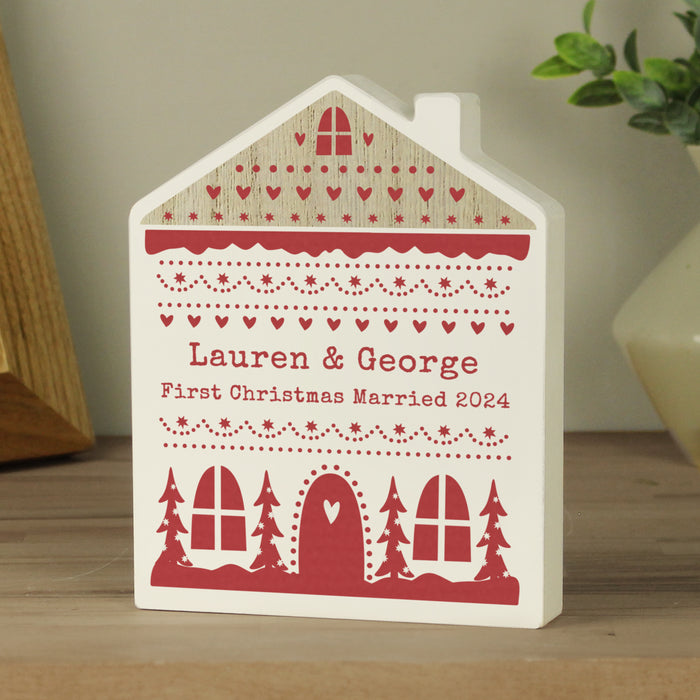 Personalised Christmas Fair Isle Wooden Shaped House Ornament