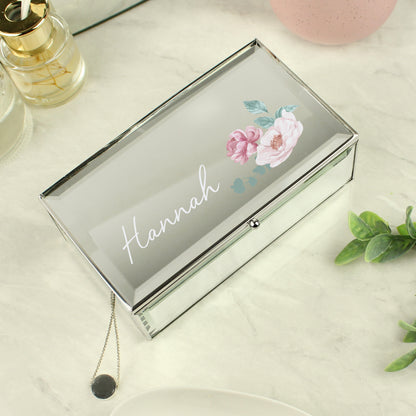 Personalised Floral Design Mirrored Lined Jewellery Box