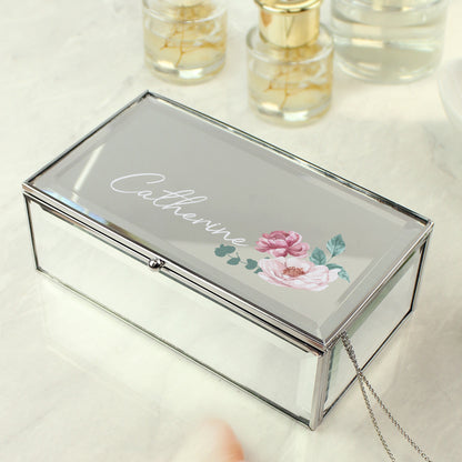 Personalised Floral Design Mirrored Lined Jewellery Box