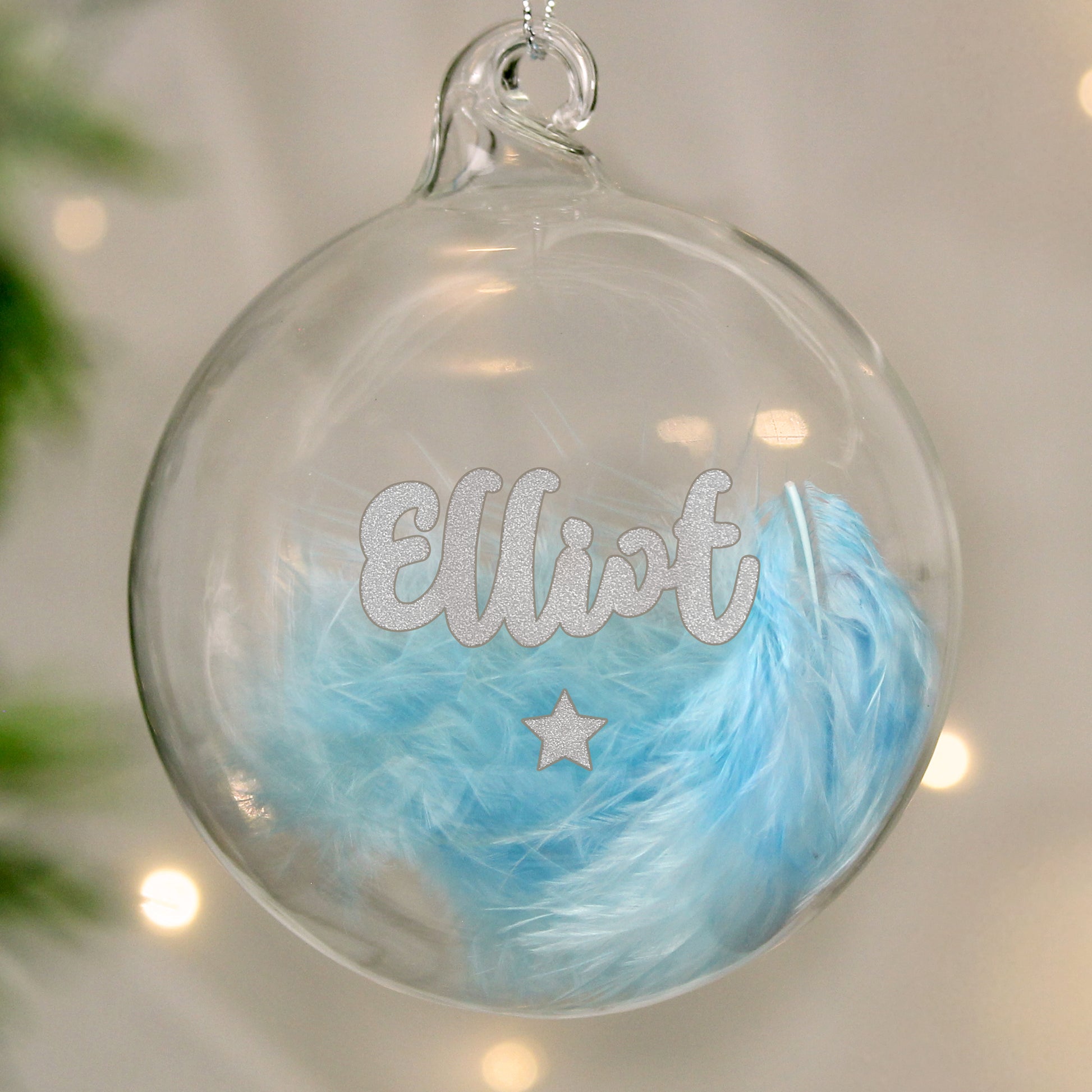 Personalised Name Blue Feather Silver Star Glass Bauble