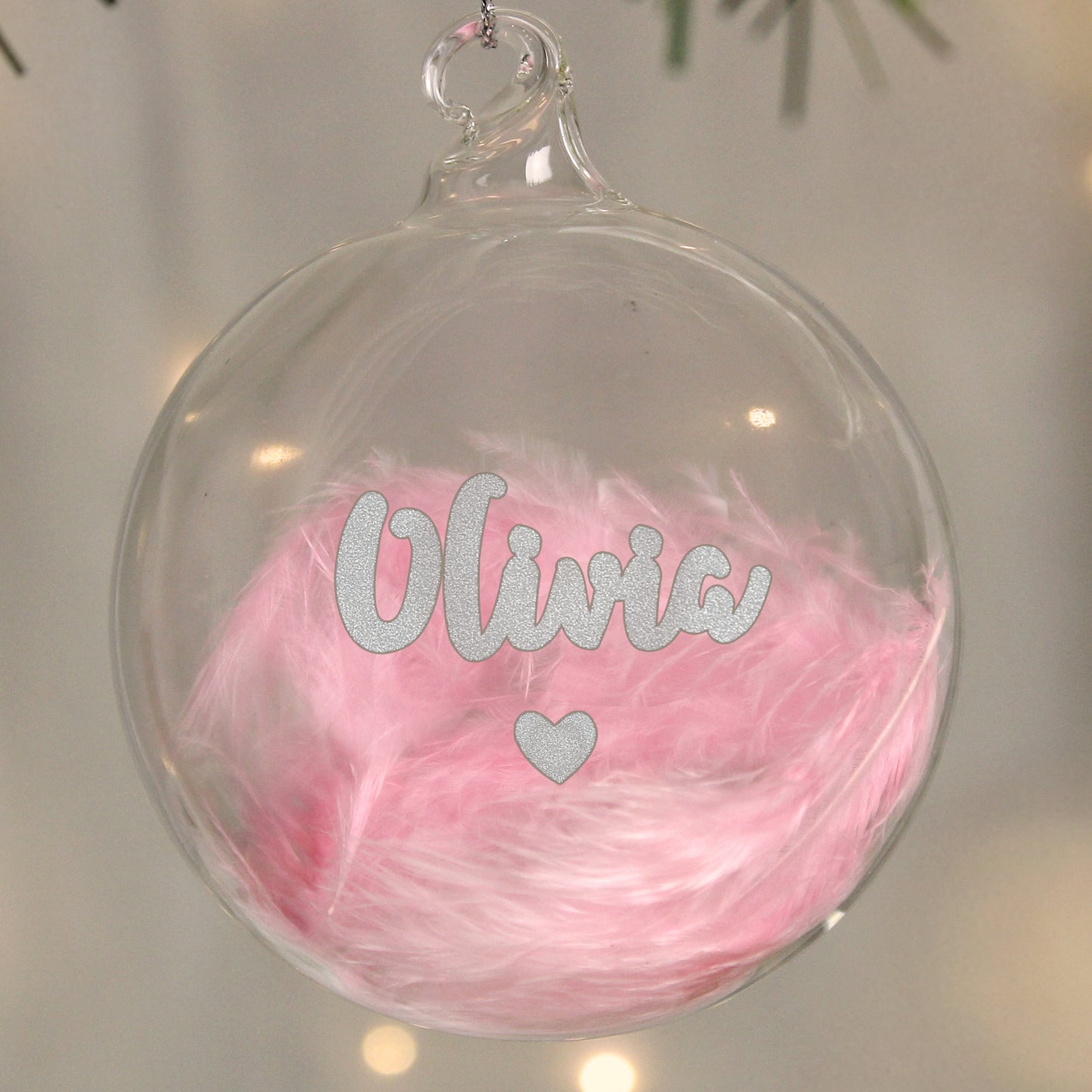 Personalised Name Pink Feather Silver Heart Glass Bauble