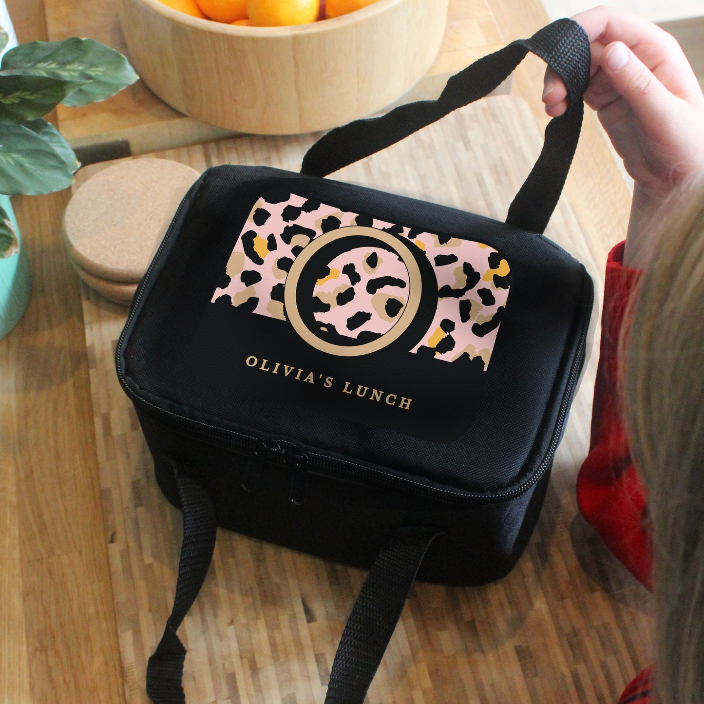 Personalised Leopard Print Lunch Bag - Black