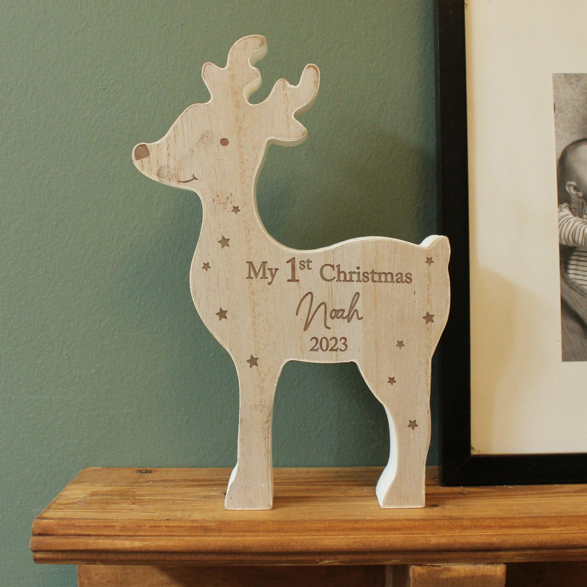 Personalised Baby’s 1st Christmas Wooden Reindeer Decoration