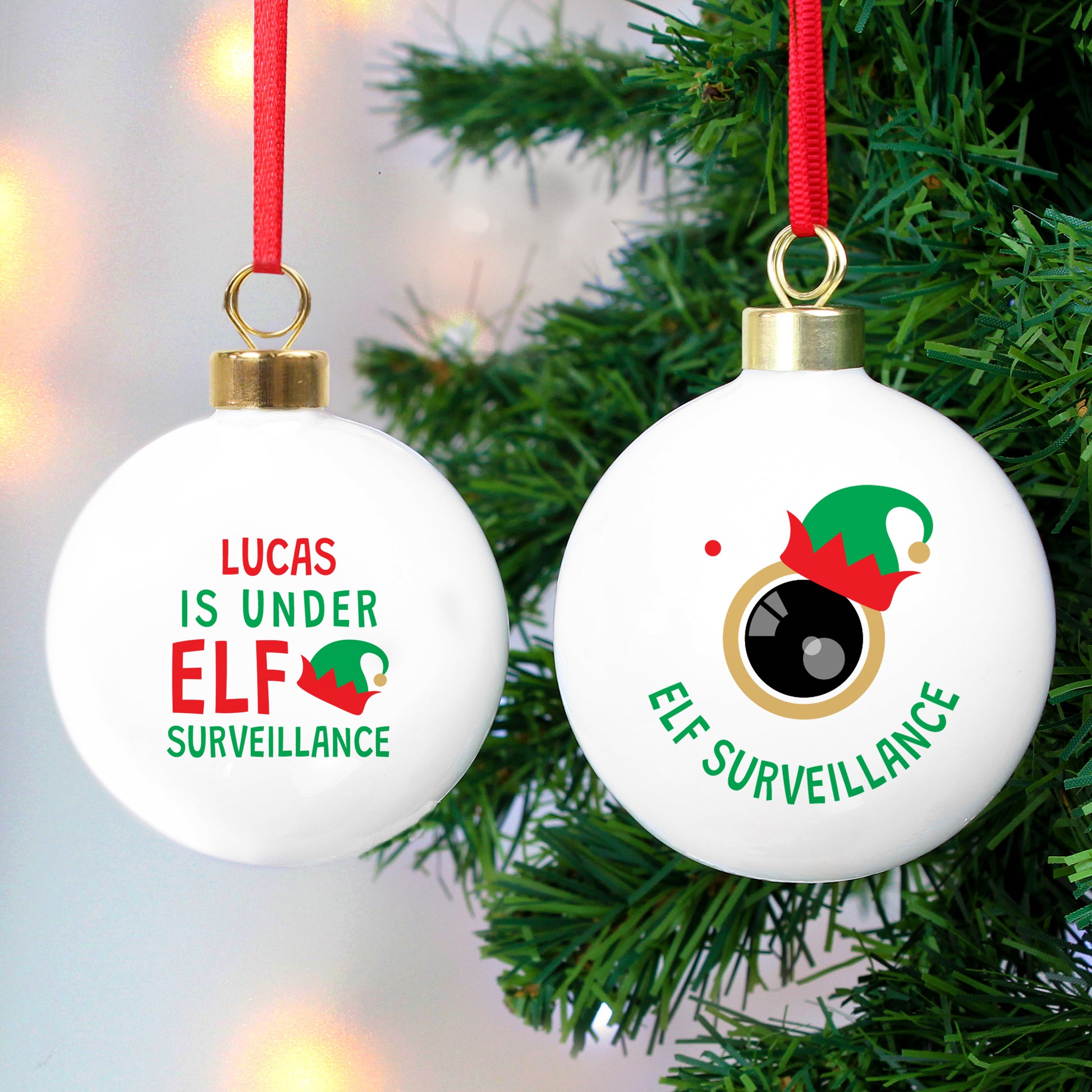 Personalised Under Elf Surveillance Christmas Bauble