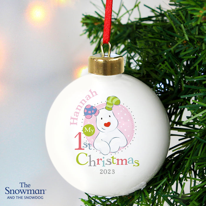 Personalised The Snowman & the Snowdog My 1st Christmas Pink Bauble