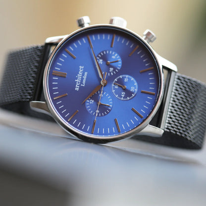 Engraved Men's Architect Motivator In Blue With Black Mesh Strap Watch