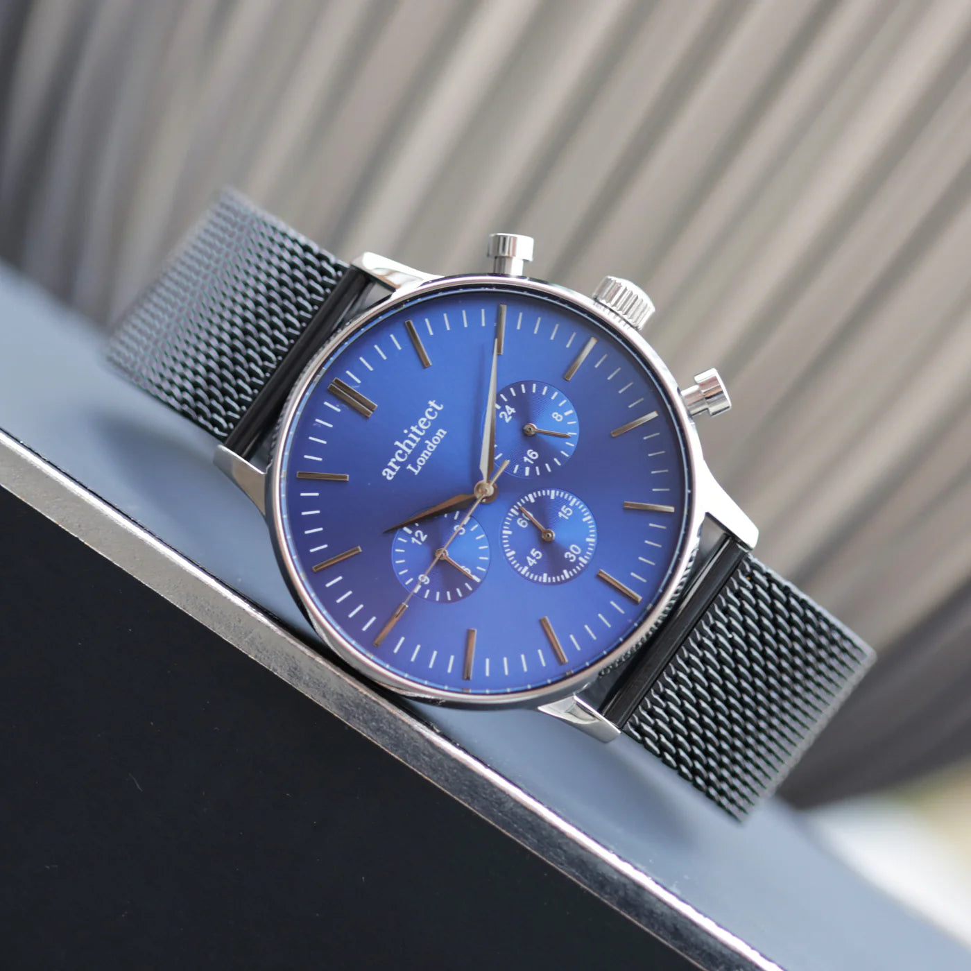 Engraved Men's Architect Motivator In Blue With Black Mesh Strap Watch