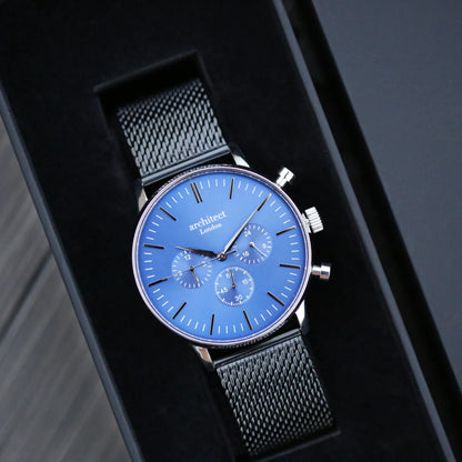 Engraved Men's Architect Motivator In Blue With Black Mesh Strap Watch