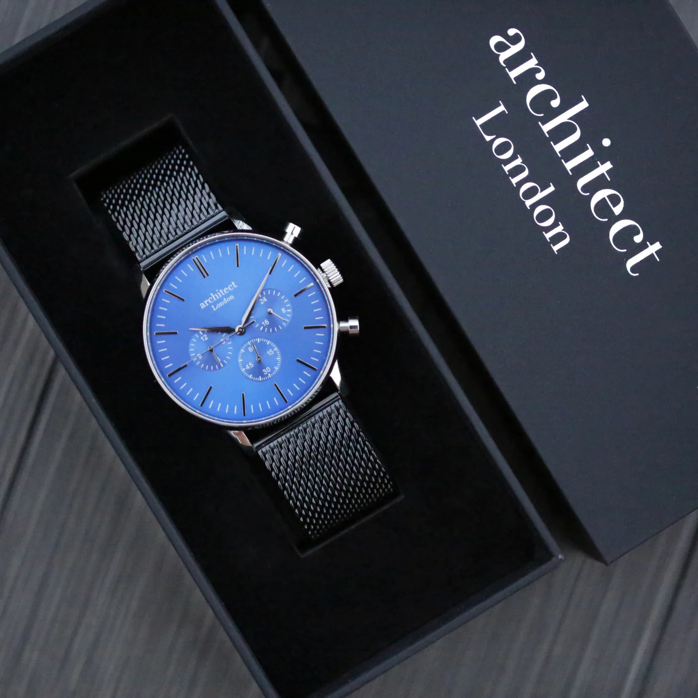 Engraved Men's Architect Motivator In Blue With Black Mesh Strap Watch