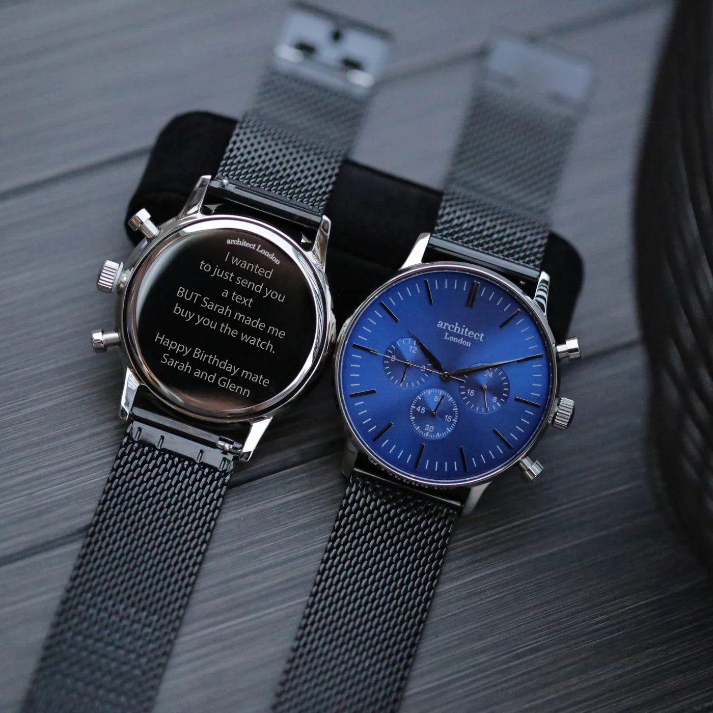 Engraved Men's Architect Motivator In Blue With Black Mesh Strap Watch