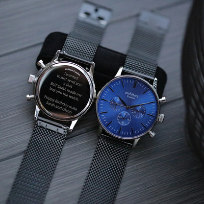 Engraved Men's Architect Motivator In Blue With Black Mesh Strap Watch