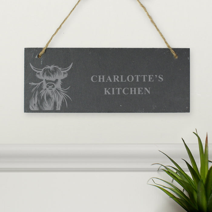 Personalised Highland Cow Slate Hanging Sign