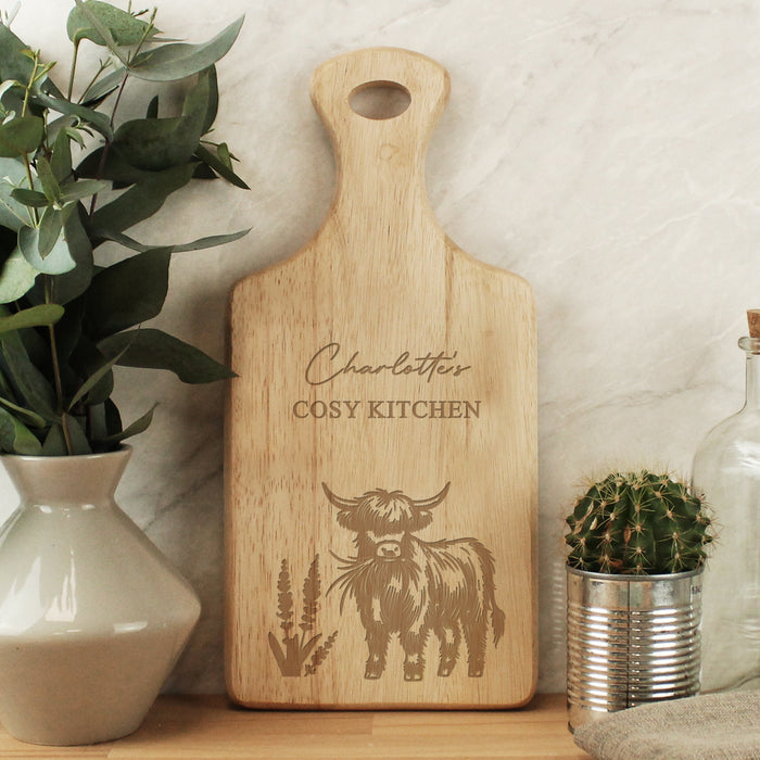 Personalised Highland Cow Paddle Wooden Chopping Board