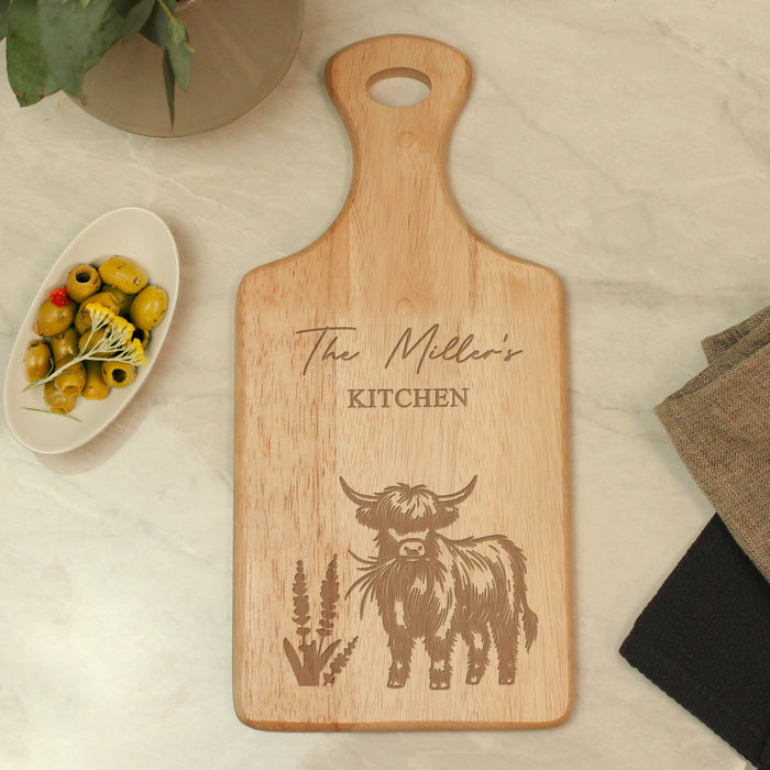 Personalised Highland Cow Paddle Wooden Chopping Board