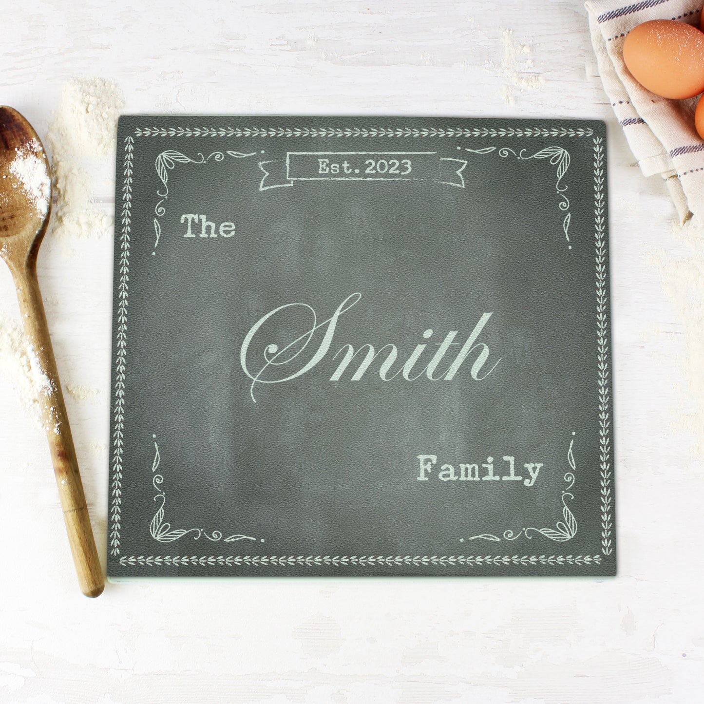 Personalised Family Chalk Glass Chopping Board & Workshop Saver