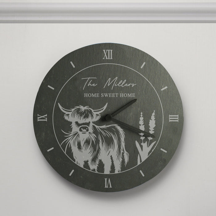 Personalised Highland Cow Slate Wall Clock