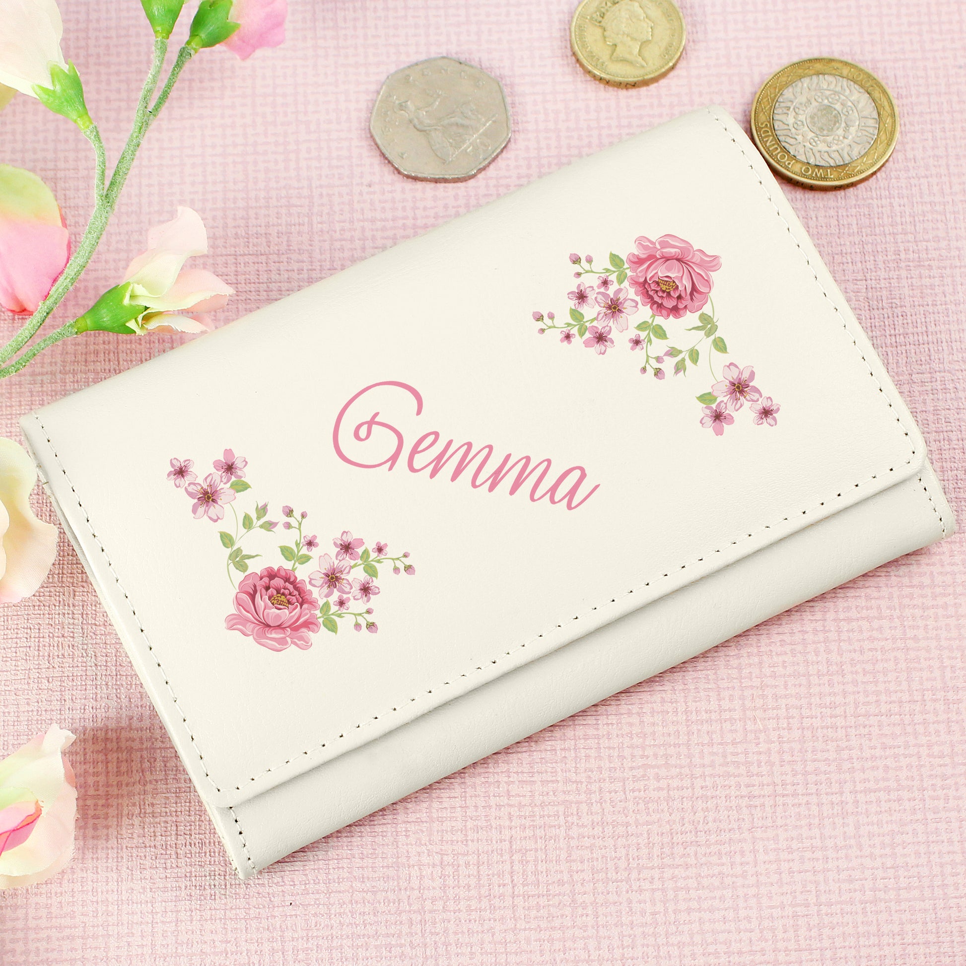 Personalised Floral Cream Leather Purse