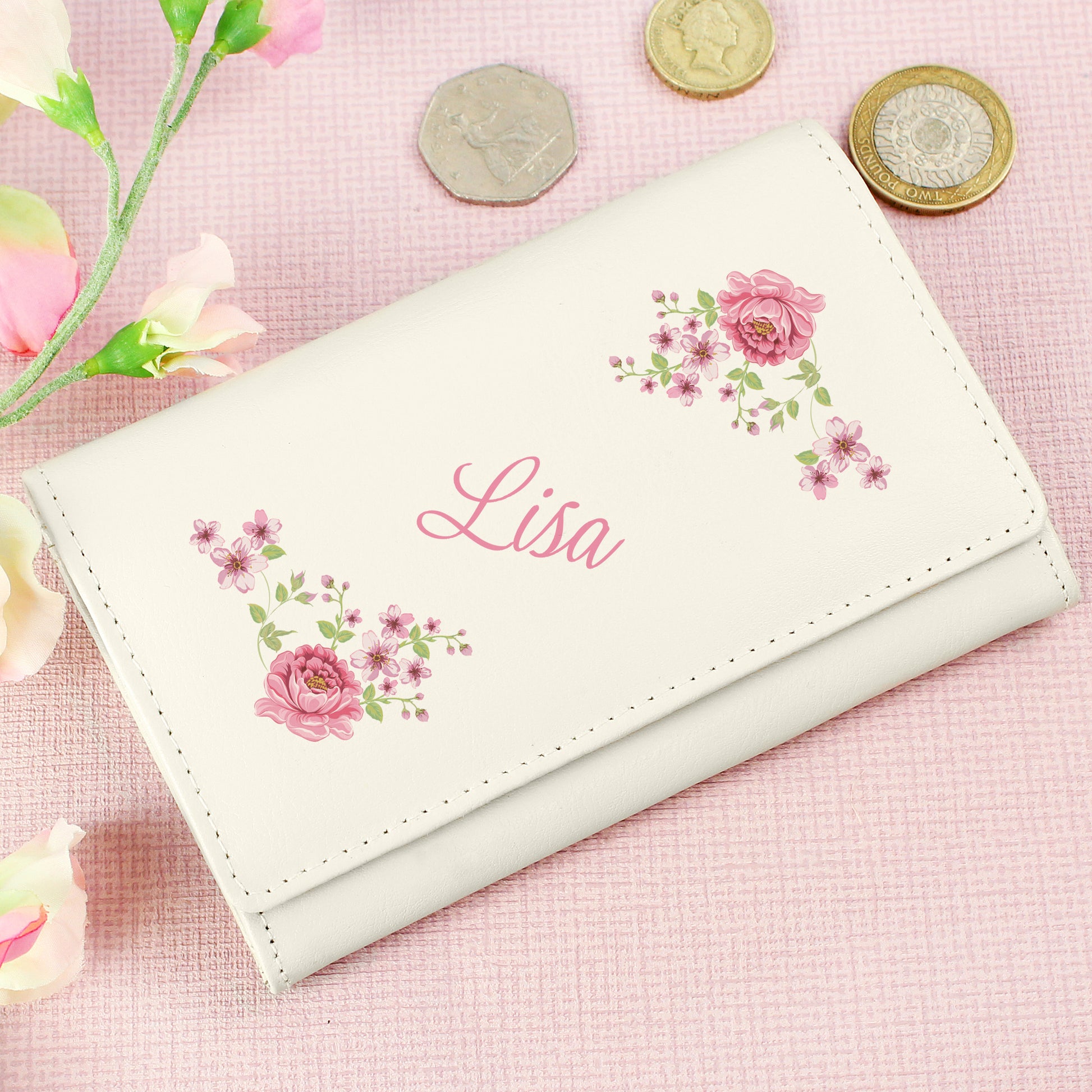 Personalised Floral Cream Leather Purse