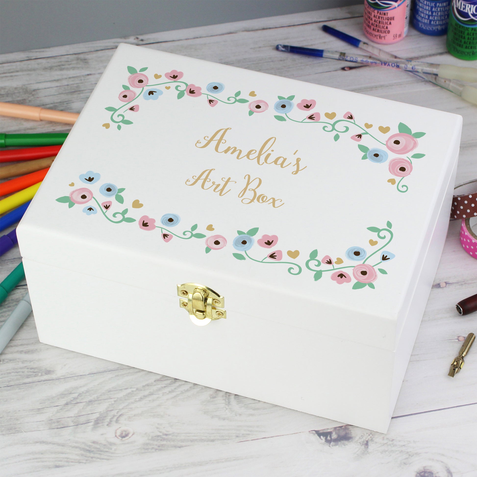 Personalised Fairytale Floral White Wooden Keepsake Box