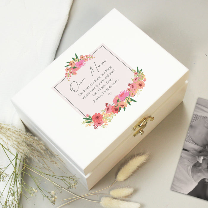 Personalised Floral Wishes White Wooden Keepsake Box