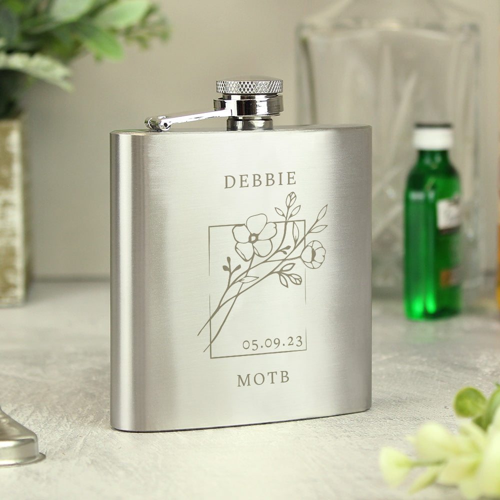 Personalised Stainless Steel Monochrome Floral Hip Flask