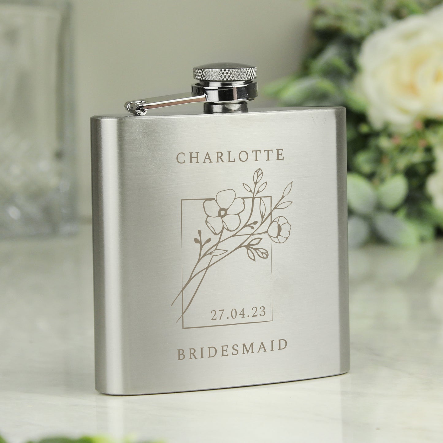 Personalised Stainless Steel Monochrome Floral Hip Flask