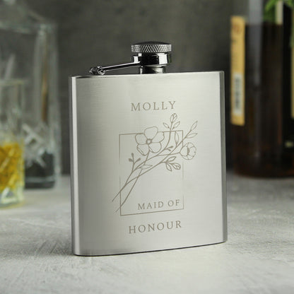 Personalised Stainless Steel Monochrome Floral Hip Flask