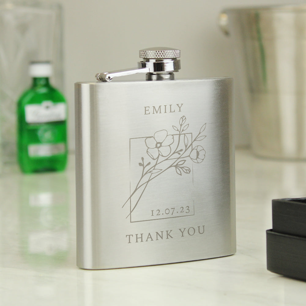 Personalised Stainless Steel Monochrome Floral Hip Flask