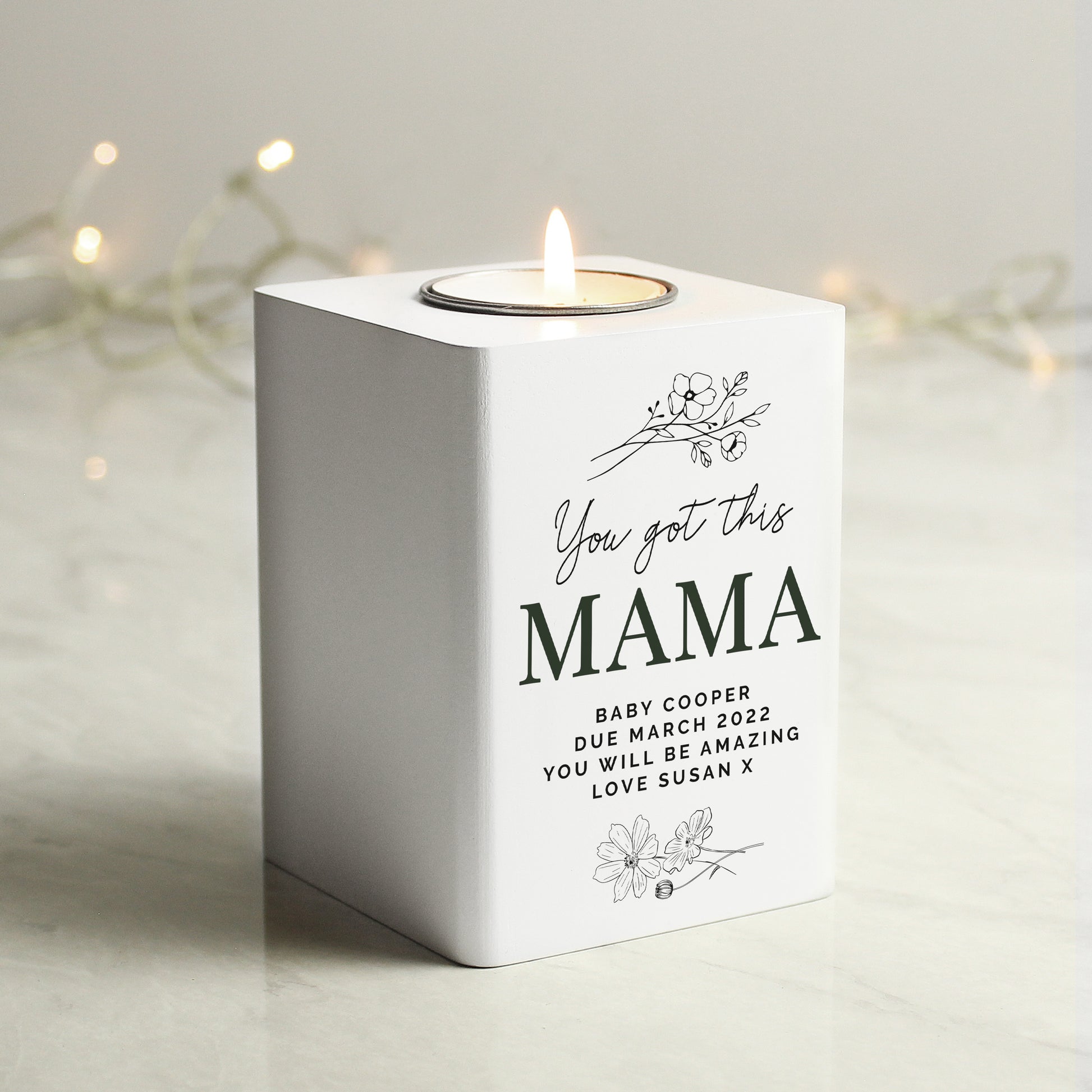 Personalised Floral White Wooden Tea light Holder