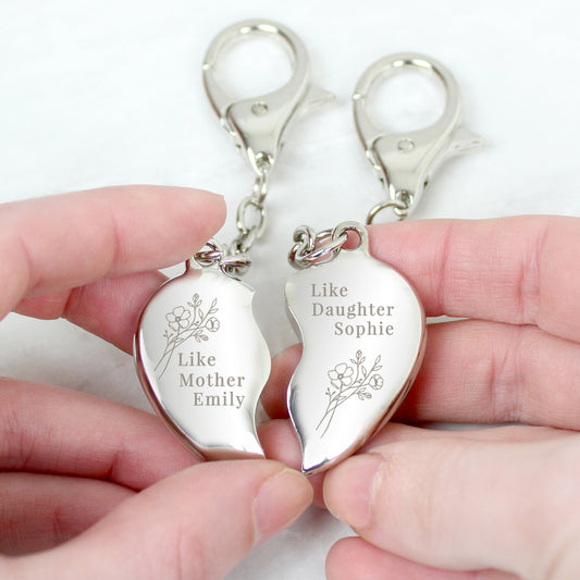 Personalised Floral Like Mother Like Daughter Two Heart Keyring