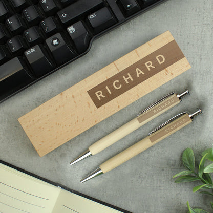 Personalised Name Only Wooden Pen and Pencil Box Gift Set