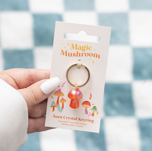 Orange Aura Crystal Mushroom Keyring