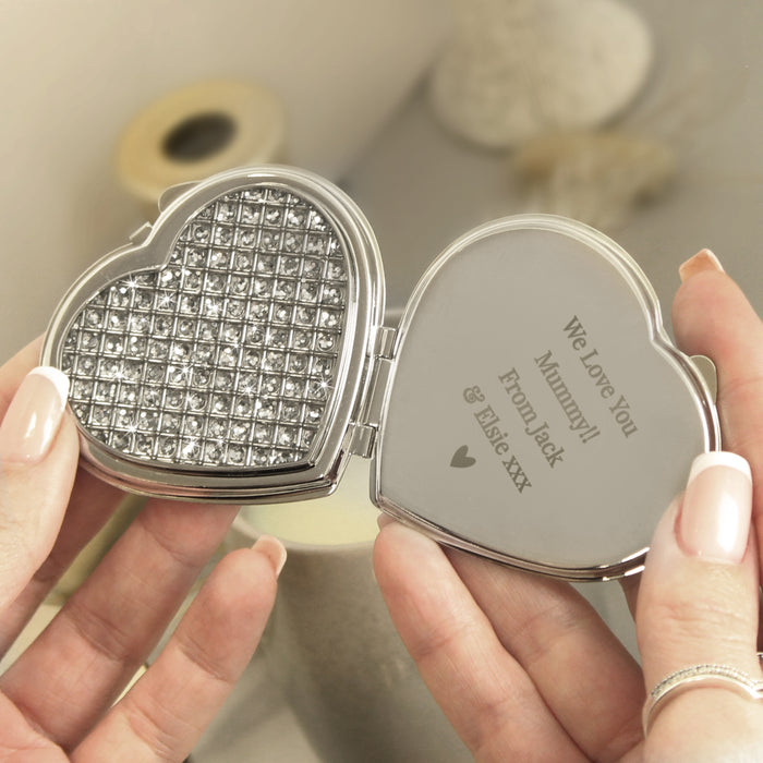 Personalised Diamante Heart Shaped Compact Mirror