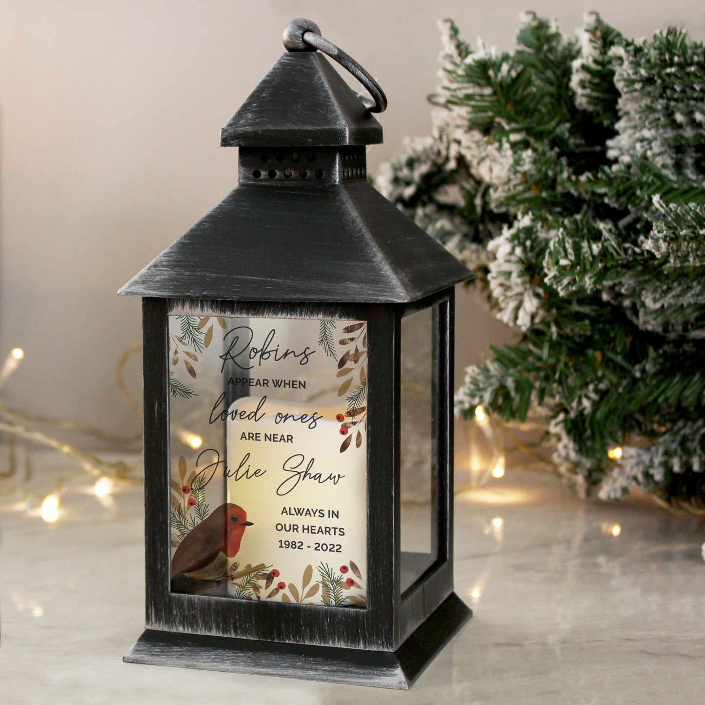 Personalised Robins Appear Memorial Black Lantern