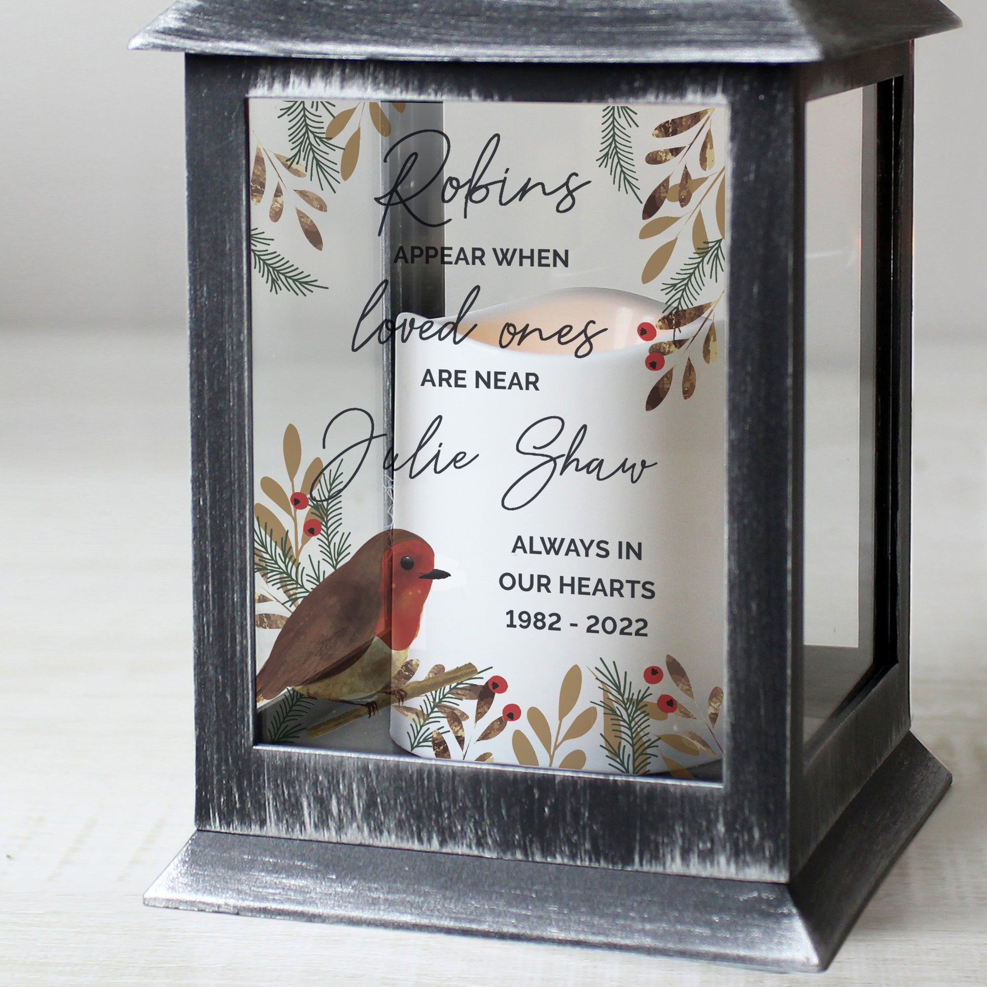 Personalised Robins Appear Memorial Black Lantern