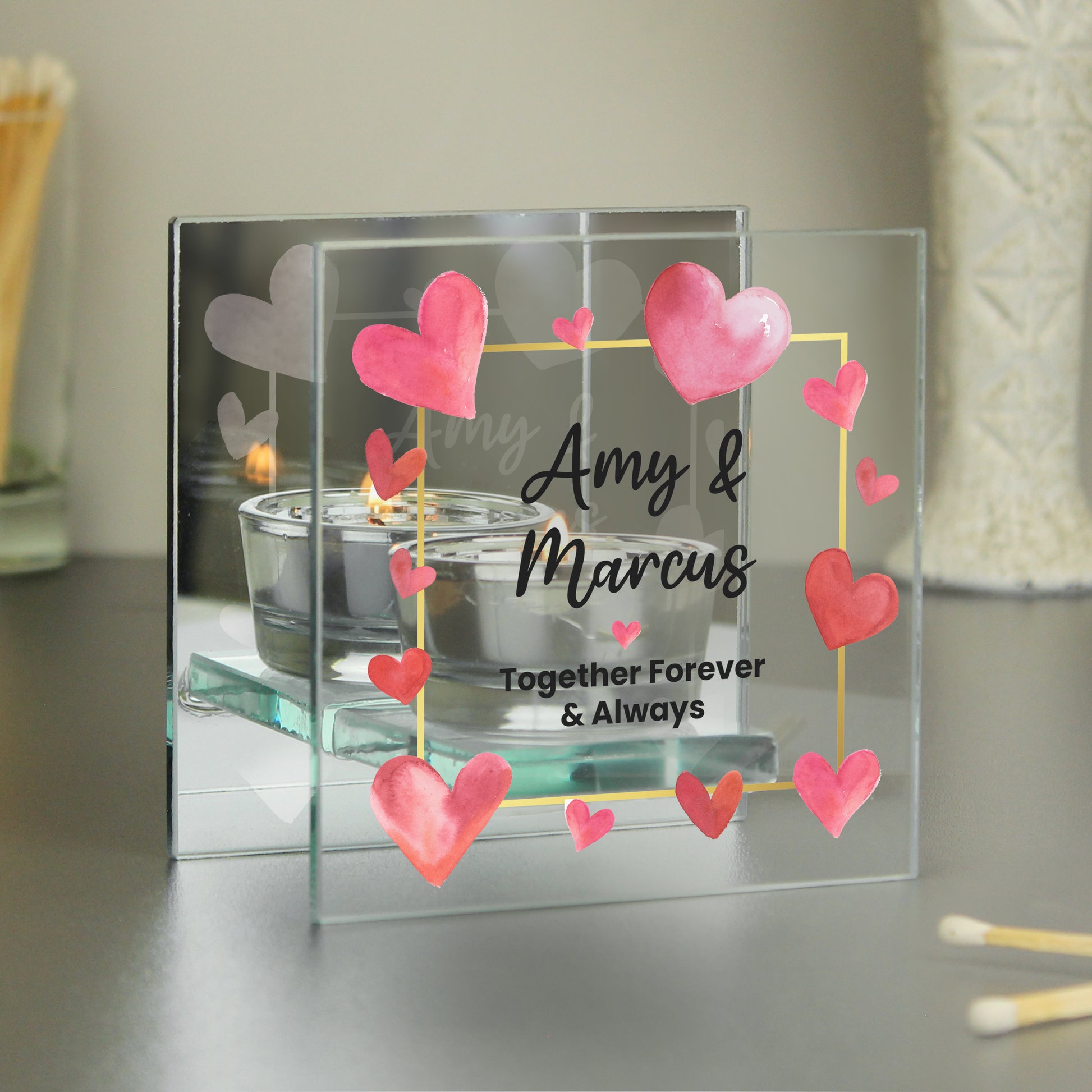 Personalised Hearts Mirrored Glass Tealight Holder