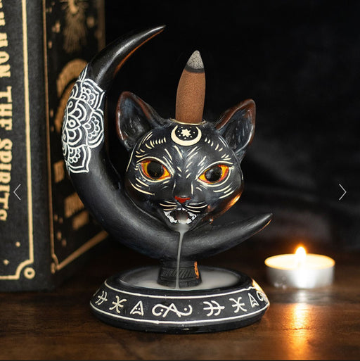 Gothic Black Cat Moon Backflow Incense Burner