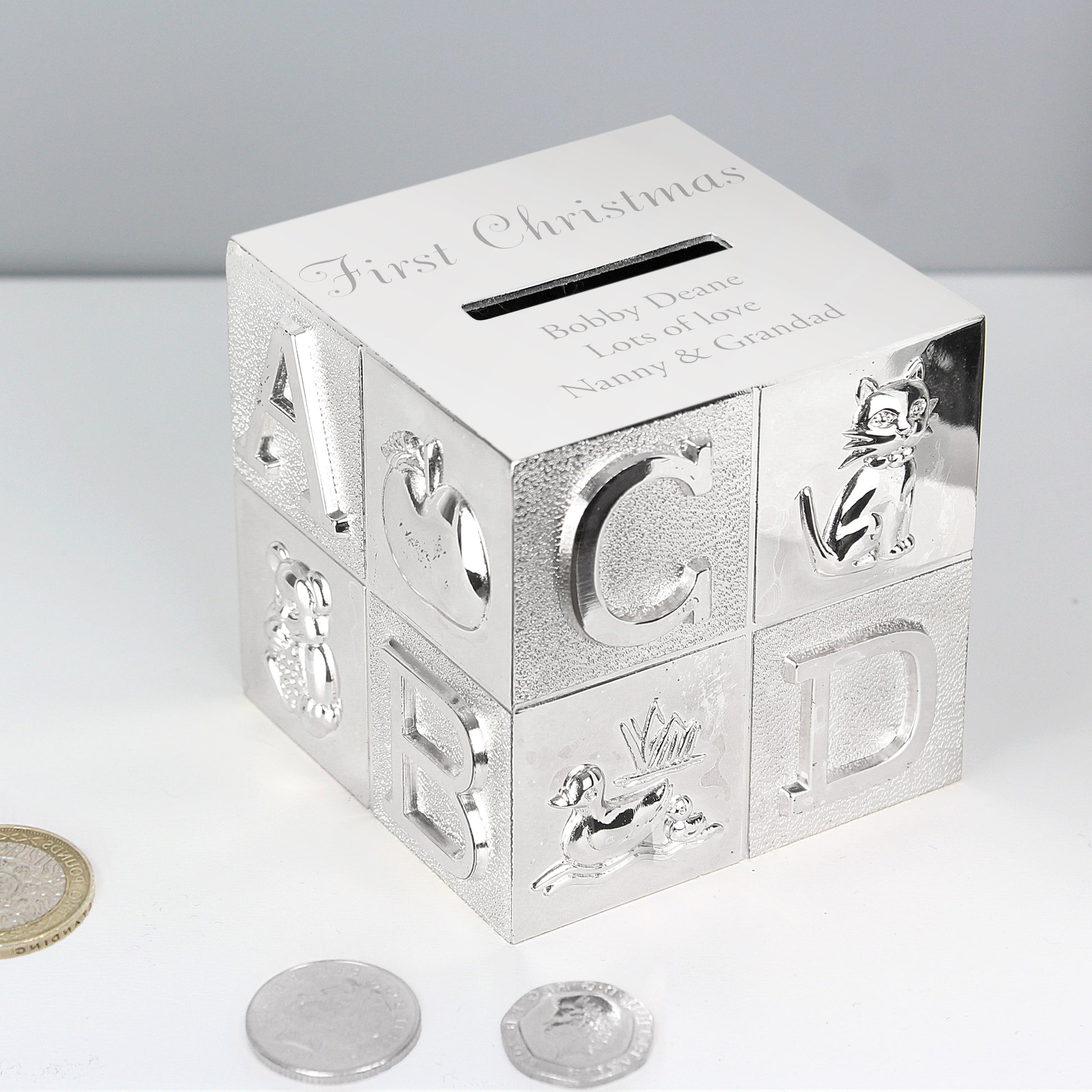 Personalised Engraved Silver Plated ABC Money Box