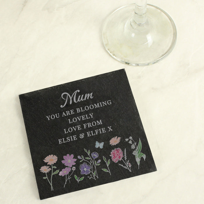 Personalised Mum Wild Flowers Slate Coaster