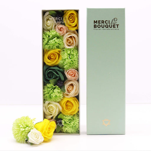 Spring Celibrations Yellow & Greens Exquisite Soap Flower Bouquet Long Gift Box